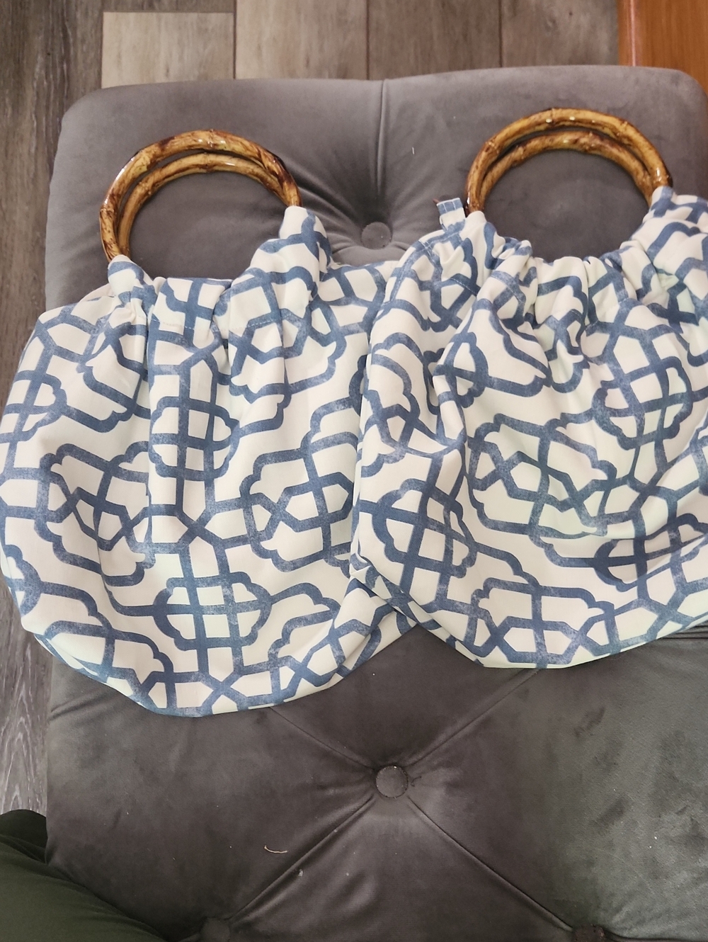 Blue & White Bamboo Handle Tote Bag. Home Made. 2 Of Then